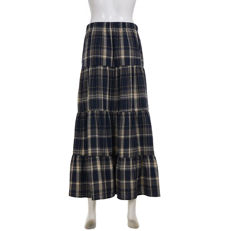 レトロなカレッジスタイルのストライプ柄、コントラストカラーのレースアップ、スリムなロングスカート（女性用）