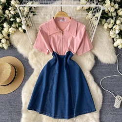 Women Denim Dresses Youth Woman Jean Dress Patchwork Zipper up Turn-down Collar Short-sleeved A-Line Vestidos Clothing