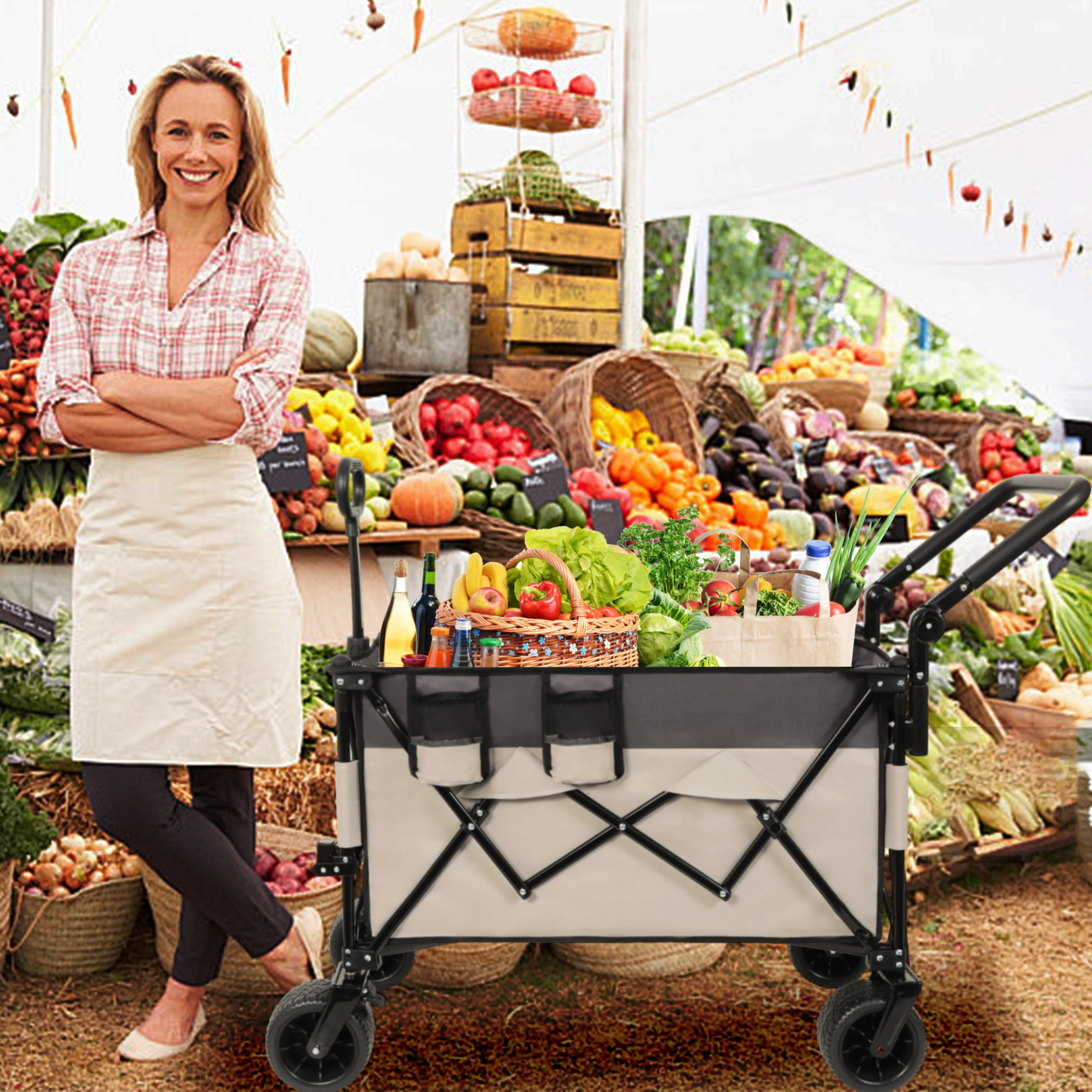 Multi-Functional Push-Pull Folding Wagon Cart with Rotating Handle & 360° All-Terrain Wheels – Heavy-Duty, Adjustable Design, La