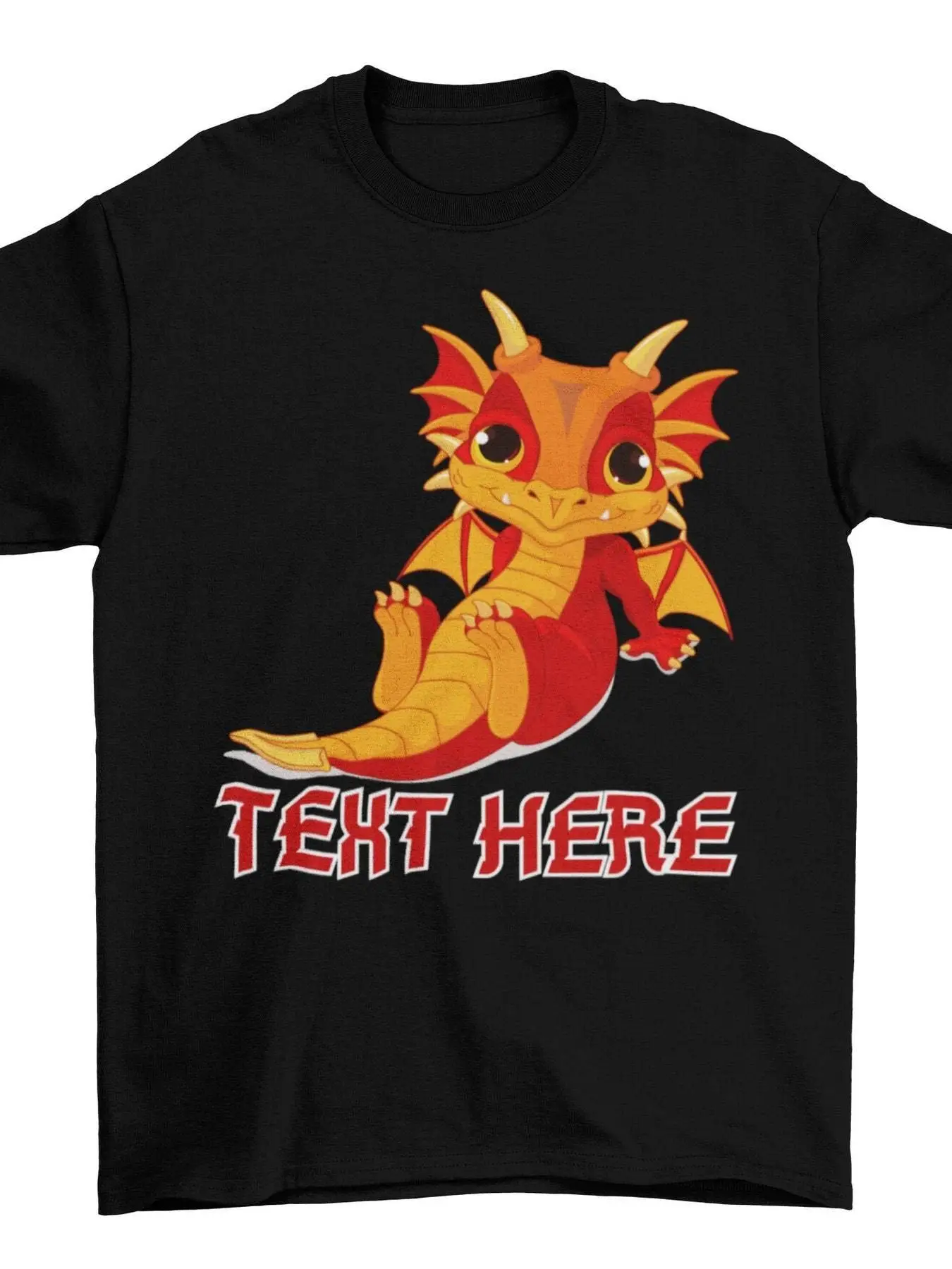 

Customizable Black Cotton T-Shirt with Cute Red Dragon Design, Text Option, Adorable Mythical Creature Graphic, Machine Washable