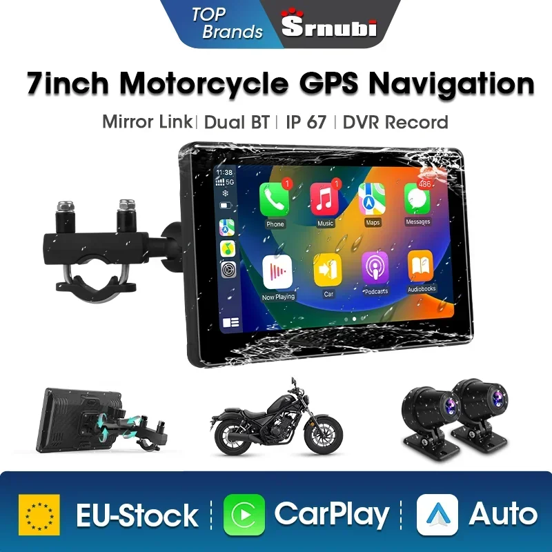 Srnubi 7Inch Motorcycle DVR Portable Wireless CarPlay Android Auto screen GPS Navigation AI Voice Dual Bluetooth IP67 Waterproof