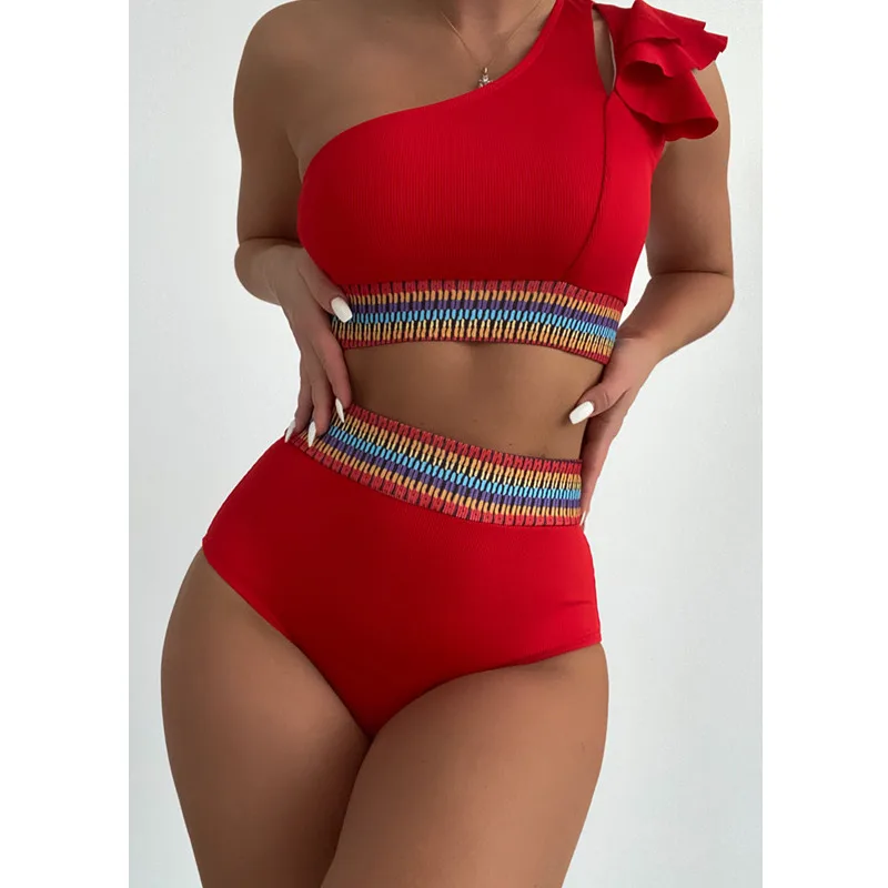 KE916 European and American new split small pit strip swimsuit women's solid color sexy explosive swimsuit one-shoulder bikin