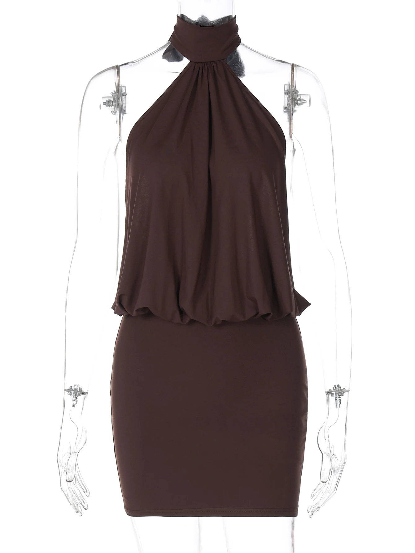 Hugcitar موضة الرسن الصلبة بلا أكمام عارية الذراعين ضمادة Ruched مثير سليم فستان قصير ملابس الصيف نادي عطلة الحفلات #6