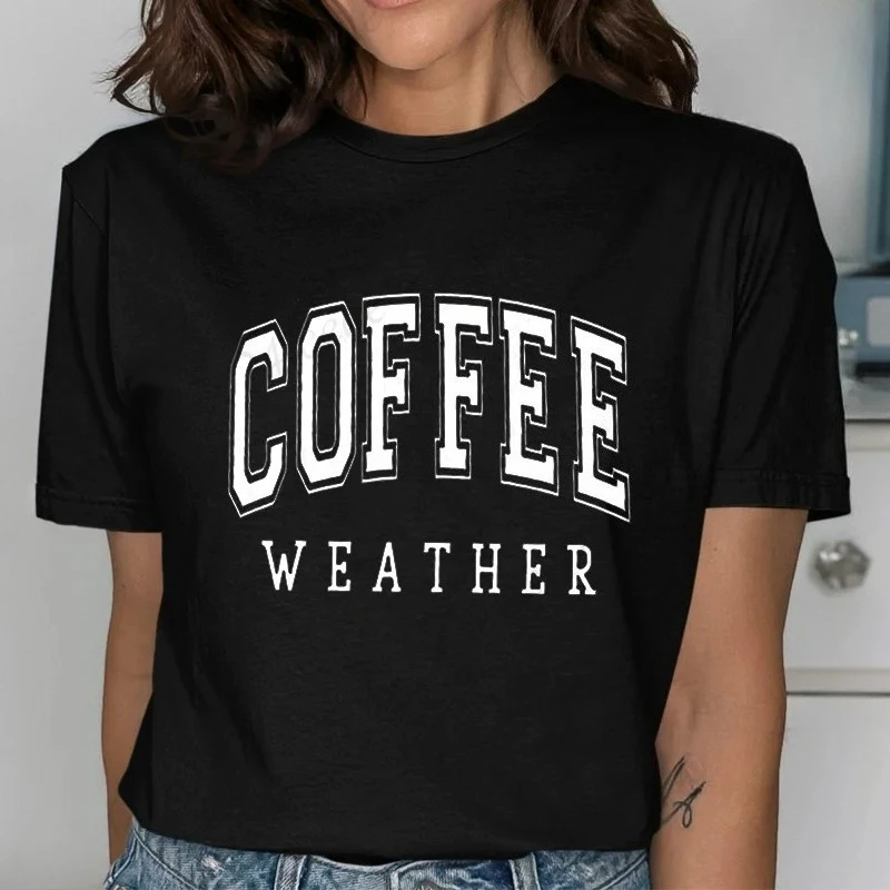 Camiseta con estampado de café y letras a moda camiseta informal versátil de manga corta con cuello redondo para mujer