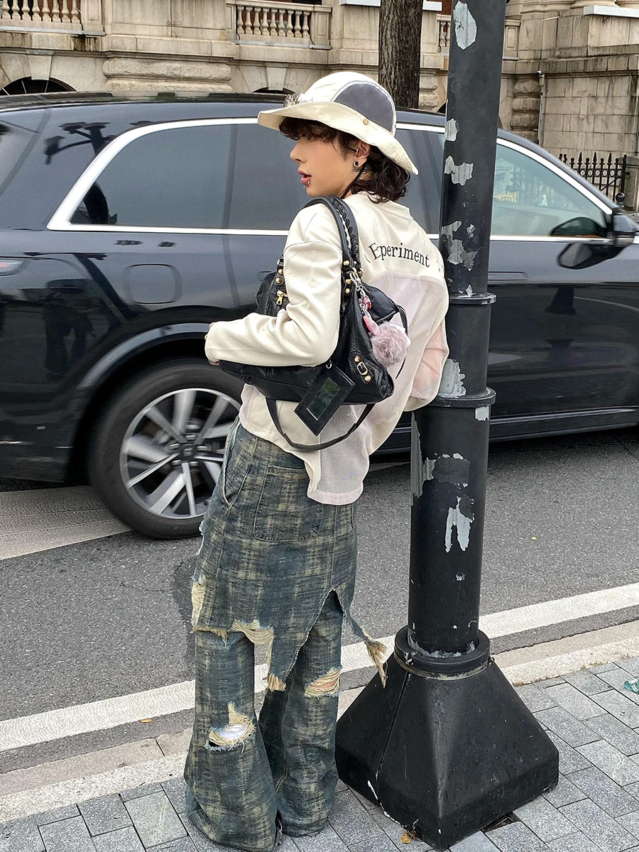 ReddaChic Falso in due pezzi da uomo Jeans larghi Do Old Vintage Tie Dye Distrutto Punto irregolare Bordo grezzo Pantaloni larghi Hiphop Streetwear