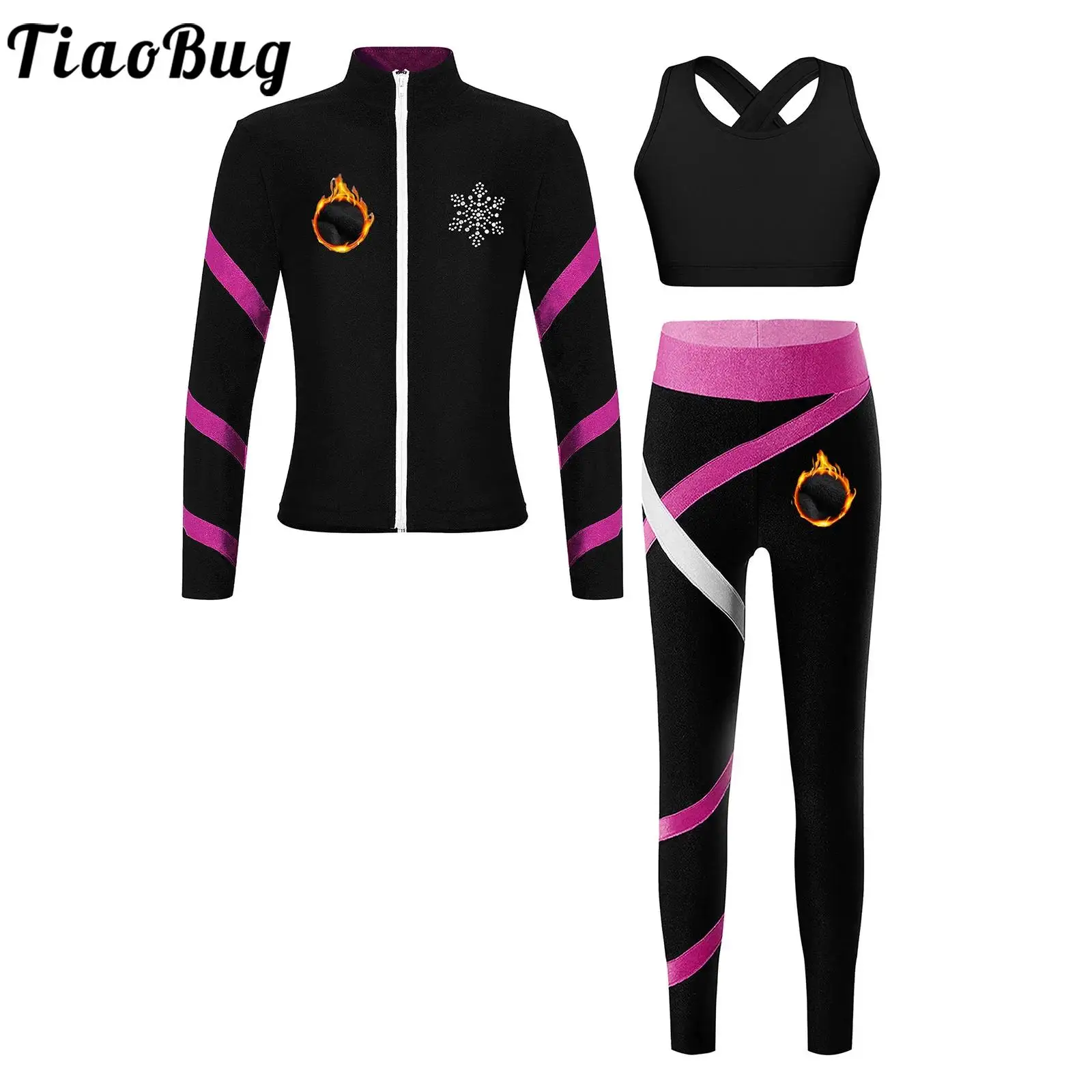 Kids Girls Gymnastics Figure Skating Sports Suit Long Sleeves Zipper Jacket with Vest Leggings Workout Yoga Fitness Tracksuit