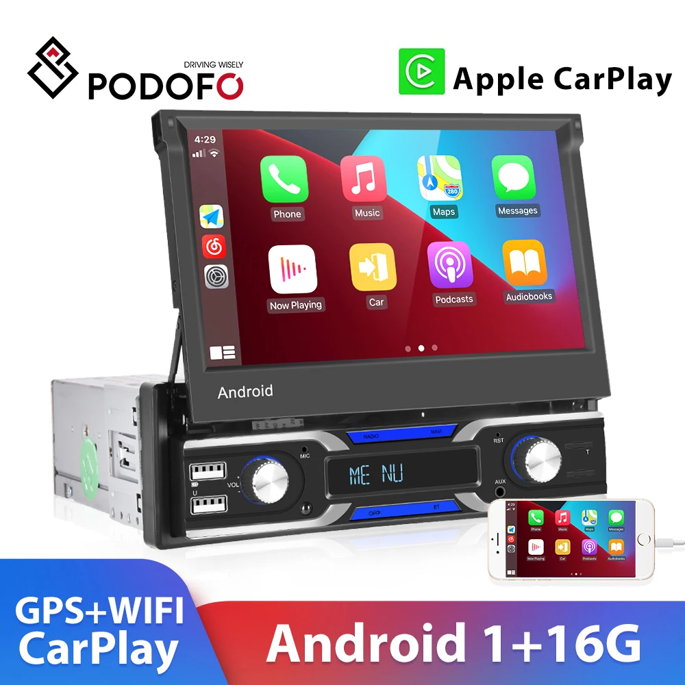 

Podofo Carplay Android 1 Din Car radio Autoradio 7" Retractable Screen Multimedia Player For Nissan Toyota Lada Kia Suzuki VW