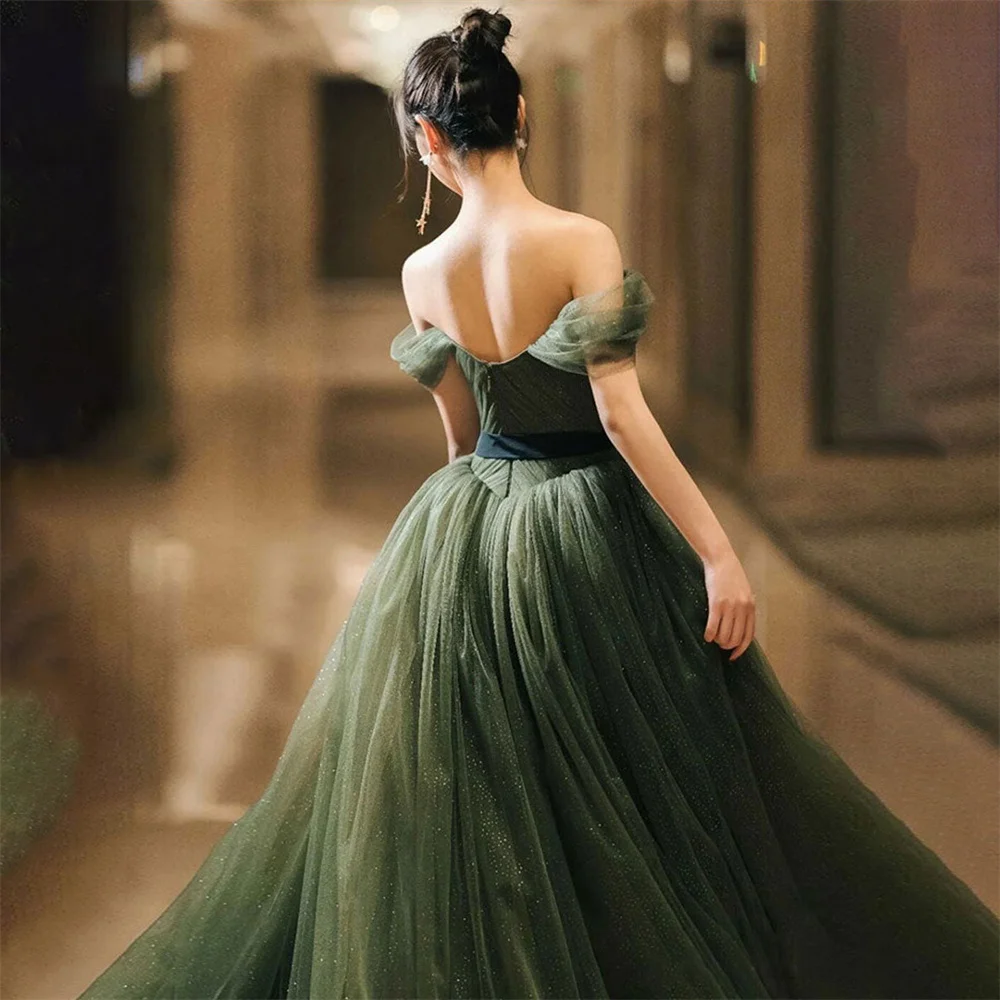 

Lily Dark Green Shiny Formal Dresses V Neck Off The Shoulder Party Dress For Wedding A Line Special Occasion Dresses robe soirée