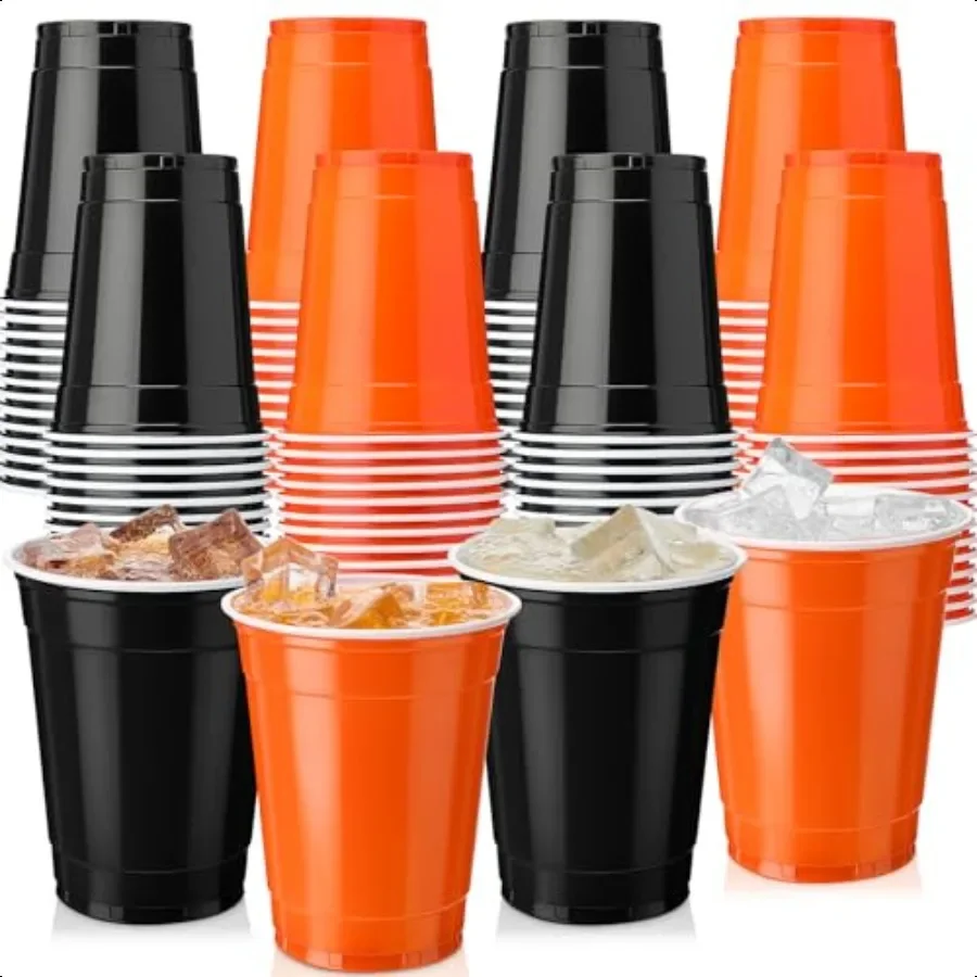 

50 Pcs Summer Halloween Plastic Drinking Cups Bulk 12 oz Cups Black Orange Tumbler for Halloween Themed Events Birthday Holida