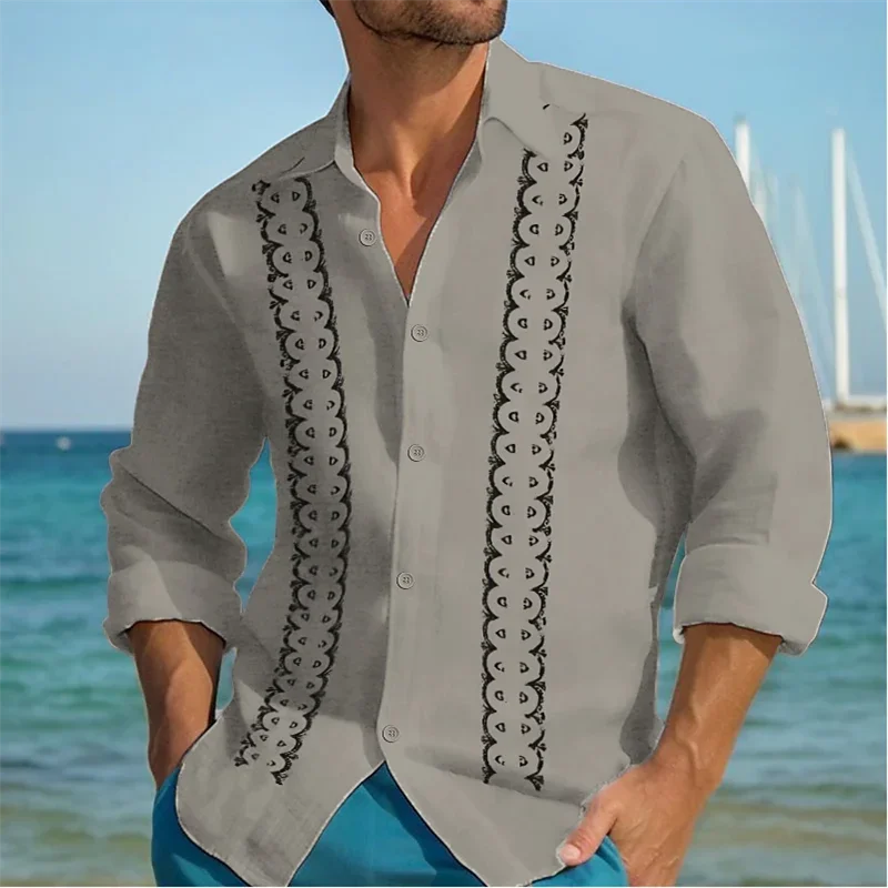 Men's Linen Shirts Casual Long Sleeve Shirts Striped Lapel Hawaiian Holiday Outfits Clothing Comfortable Tops