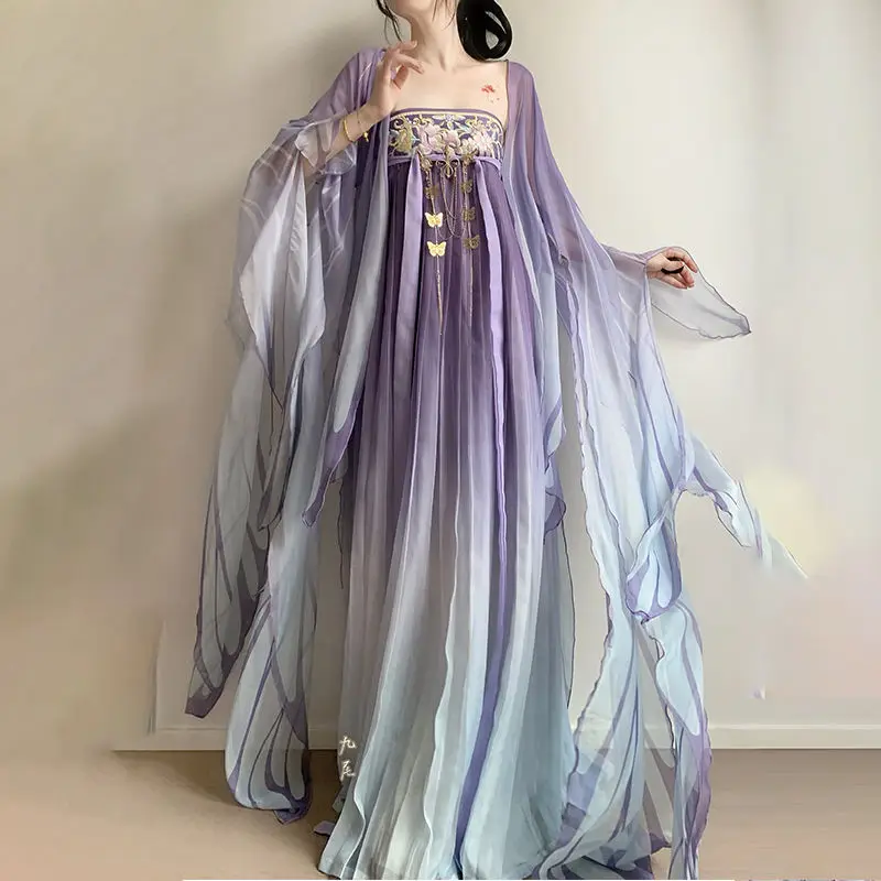 Robe Hanfu chinoise de la dynastie Tang pour femmes adultes, jupe de prairie violette, littérature de palais, ensemble imprimé à grandes manches Hanfu