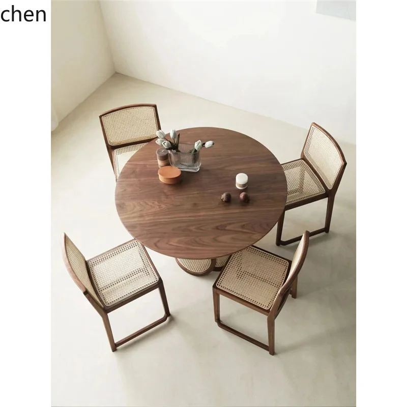 PYH Black Walnut Round Dining Table Zen Style Solid Wood Hotel Villa Meeting Rattan Furniture