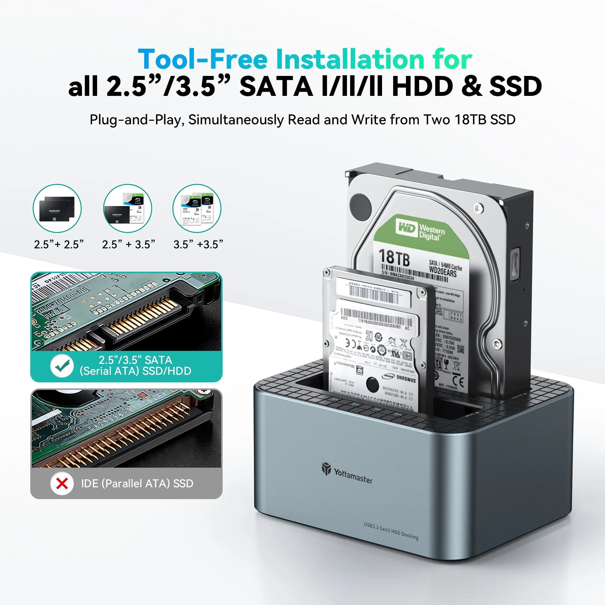 Imagem -02 - Yottamaster-dual Bay Hdd Docking Station Sata para Adaptador Usb 3.0 2.5 3.5 Hdd Ssd Gabinete de Disco Rígido