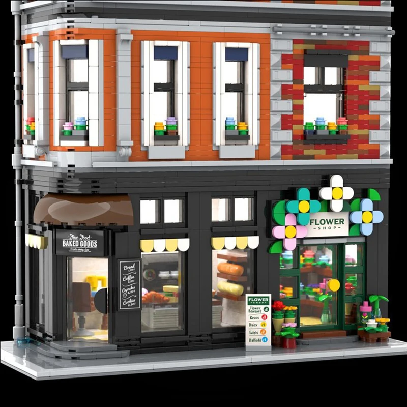 MOC Modular Street Building Panetteria e negozio di fiori Modello Assemblaggio fai-da-te Building Block Toy Regalo di compleanno per bambini