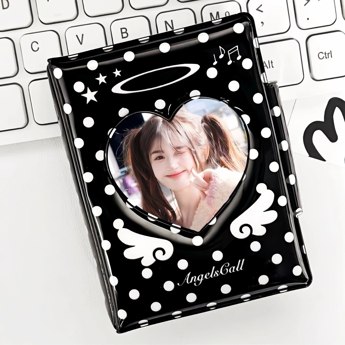 3in Photo Card Holder Cute Black Dot Angel Wings Photo Album Kpop Binder Can Be DIY Heart-Shaped Cut Out Cover Card Album, Glossy, Can Hold 32 Photo Cards Suitable for 3-3.5inch Polaroid Photo Cards - view 5