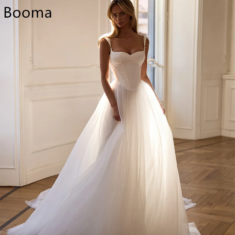 Booma a-line فساتين زفاف طويلة بسيطة بدون أكمام من التل وحزام سباغيتي فستان عرائس أنيق مصنوع حسب الطلب 2025