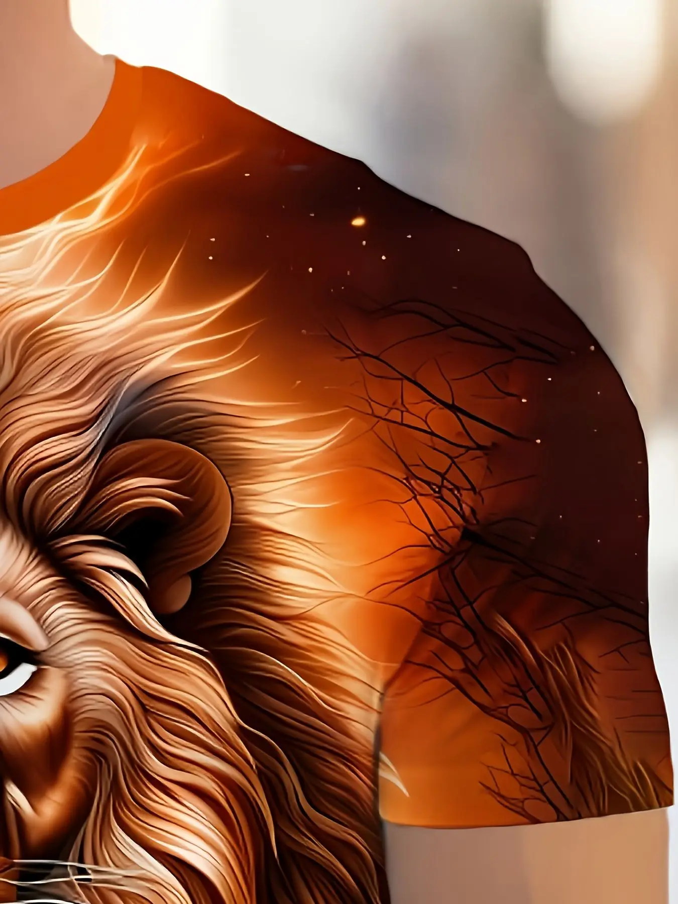 Herren 3D-T-Shirt mit Goldenem Flammenlöwen-Druck, Orange, Wilder Tierkönig, Rundhals, Kurzarm, Lässiges Oberteil – Detail 3