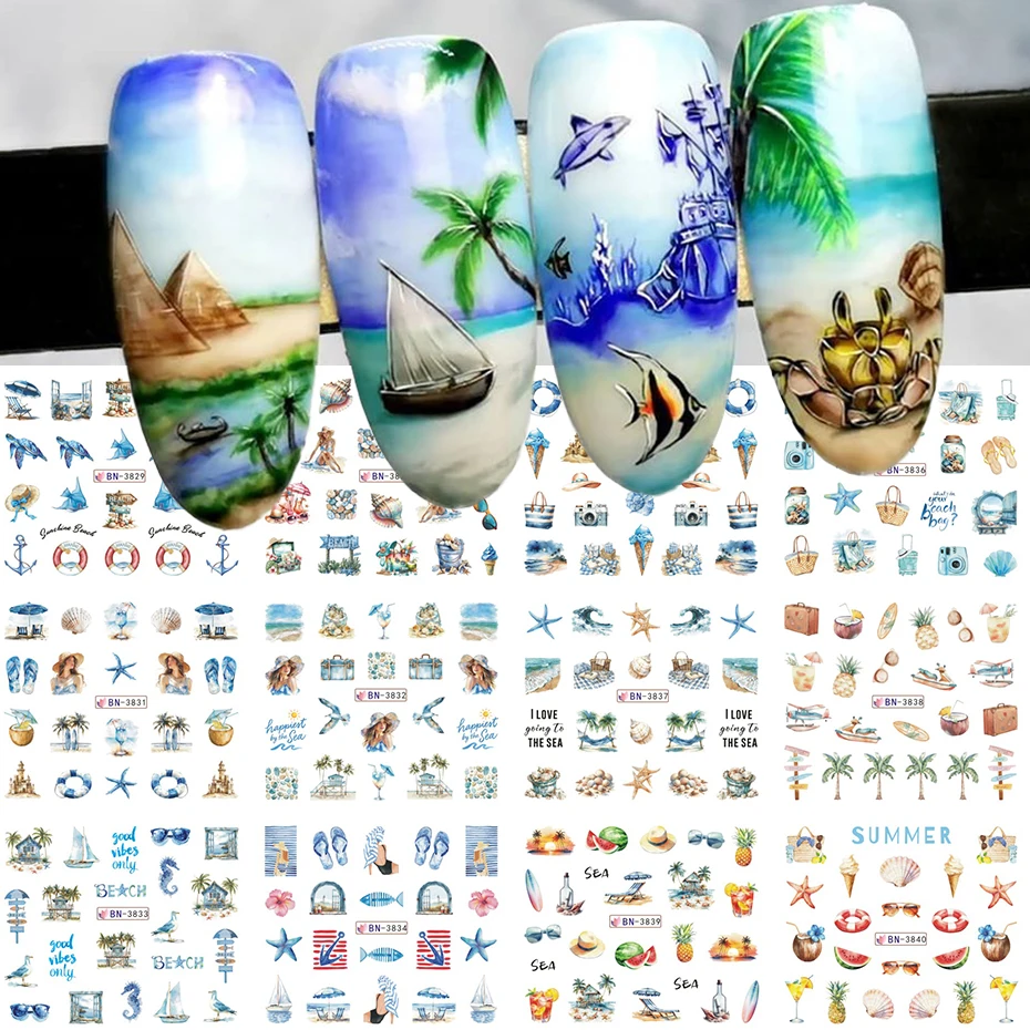 12 Stück Sommer-Party Kokosnussbaum Cartoon Nagelaufkleber Wasseraufkleber mit Tropischem Palmblatt Strand-Abend-Dämmerungs-Design für Nagelzubehör
