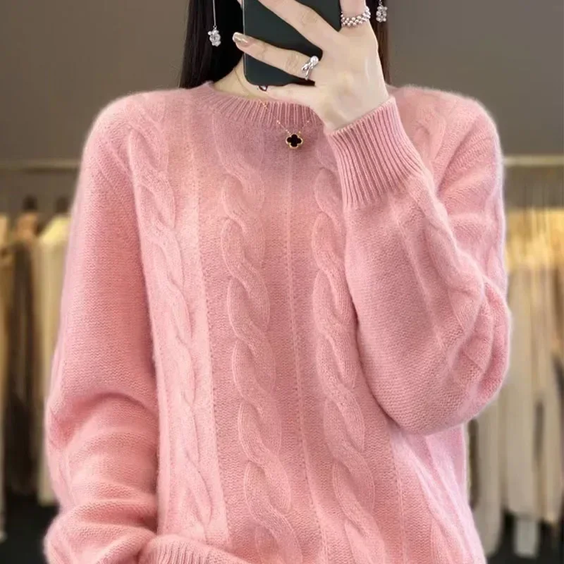 Fall/Winter Women\'s Sweater Pure Wool Round Neck Solid Color Loose Knitted Cashmere New Pullover Winter Clothes Women 2024