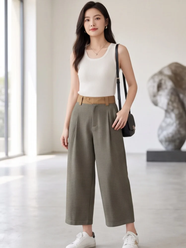 Summer High Waist Wide Leg Pants Women's Thin Checkered Casual Loose Knife Shape Nine Points Slimming Pants Commute Style