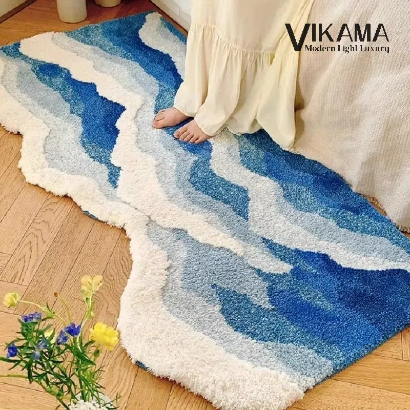 VIKAMA Wave Pattern Light Luxury Carpet for Girls' Bedroom Blue High Absorbent Soft Fluffy Bedside Anti Slip Washable Carpet