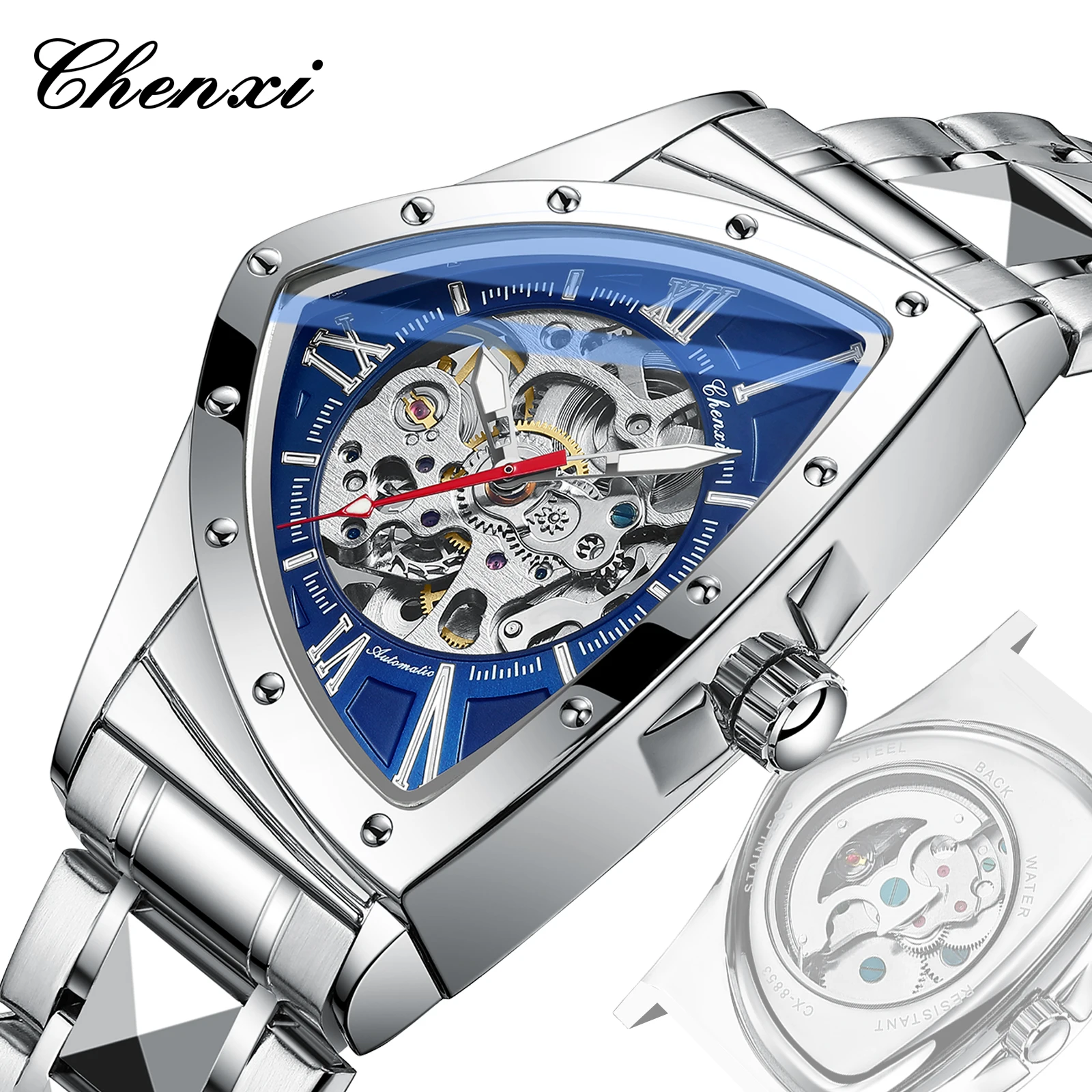 

CHENXI 8853 Automatic Triangle Mechanical Watch for Men Original Stainless Steel Luminous Life Waterproof Man Wrist Watch