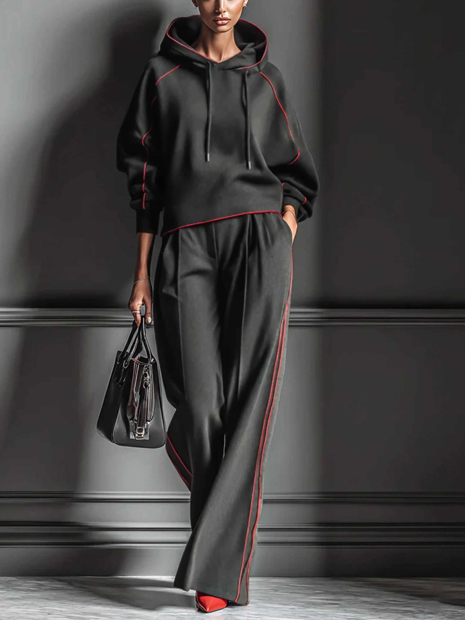 

Women's Chic Black Hoodie & Wide-Leg Pants Set | Red Piping Trim | Luxe Casual Two-Piece Outfit