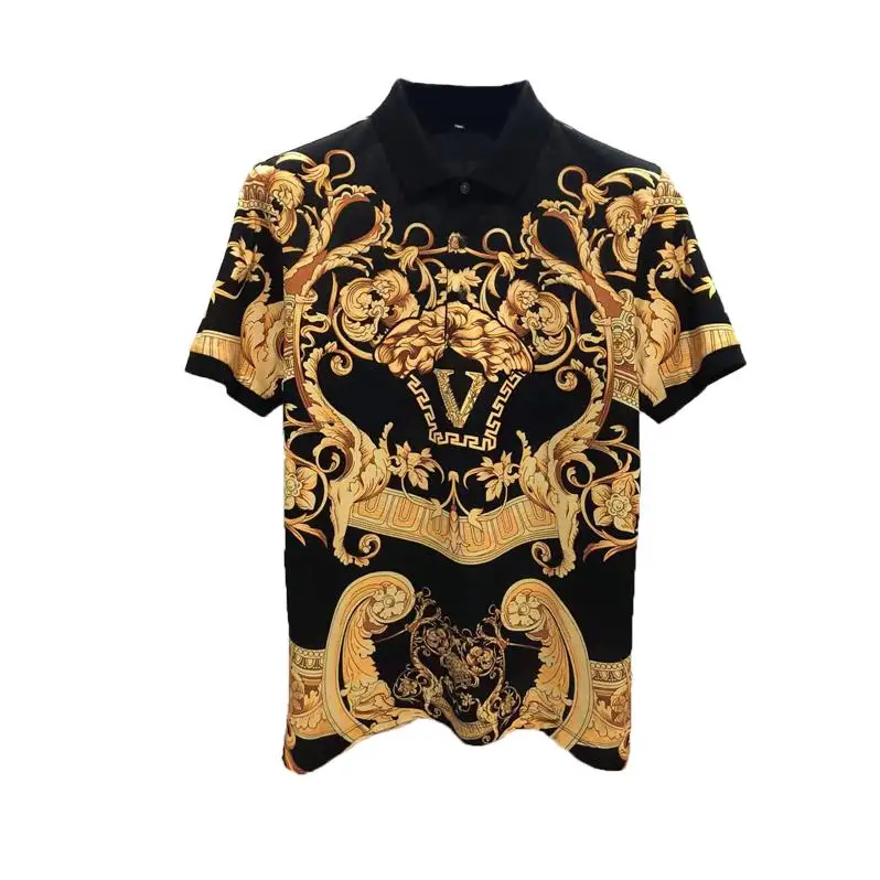 European and American men\'s 2023 summer new Lapel short sleeves fashion Palace Vintage Print T-shirt