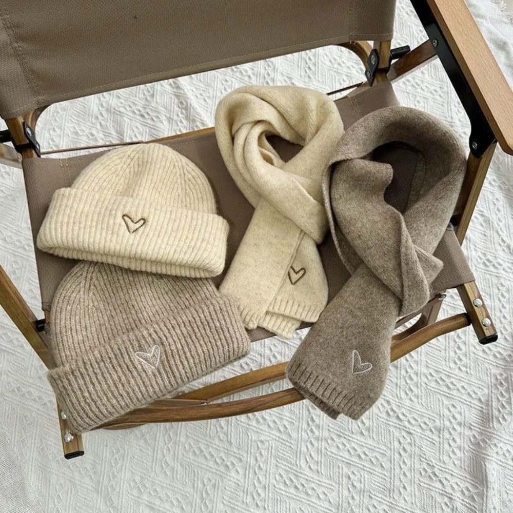 

Love Heart Embroidery Knitted Hat Scarf Set Thickened Solid Color Crochet Warm Beanie Cap Korean Style Anti-cold Neck Warmer Set