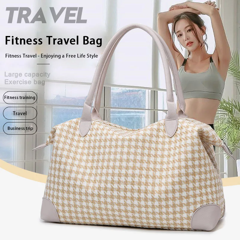 Houndstooth Canvas Travel Bag, Large Capacity, Dry and Wet Separation, Fitness Bag, Short-Distance Business Trip Luggage Bag, Hand-Held Shoulder Bag