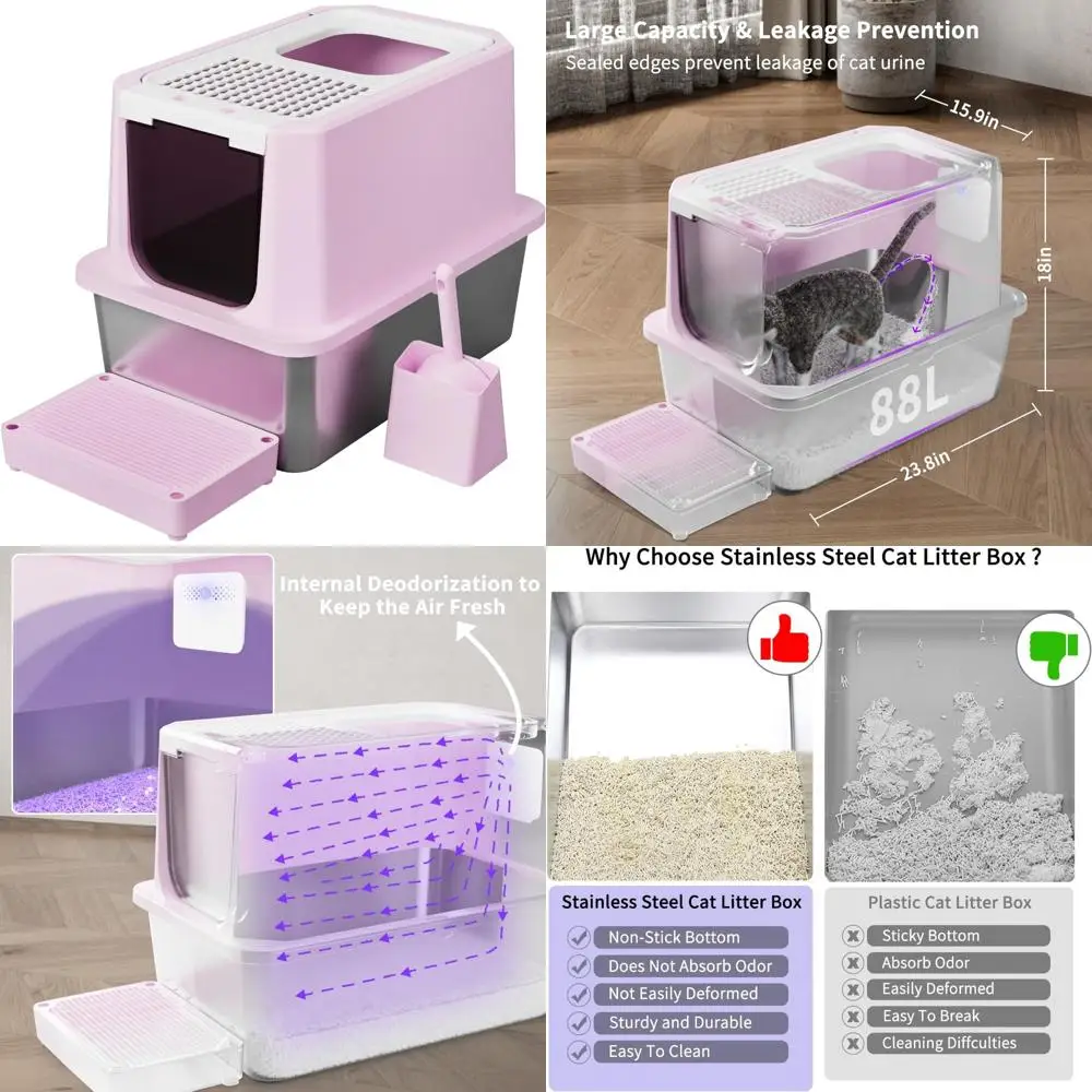 

Semi-Enclosed Deep Pink Stainless Steel Cat Litter Box with Raised Edges - Odorless, Anti-Leakage for Small Cats