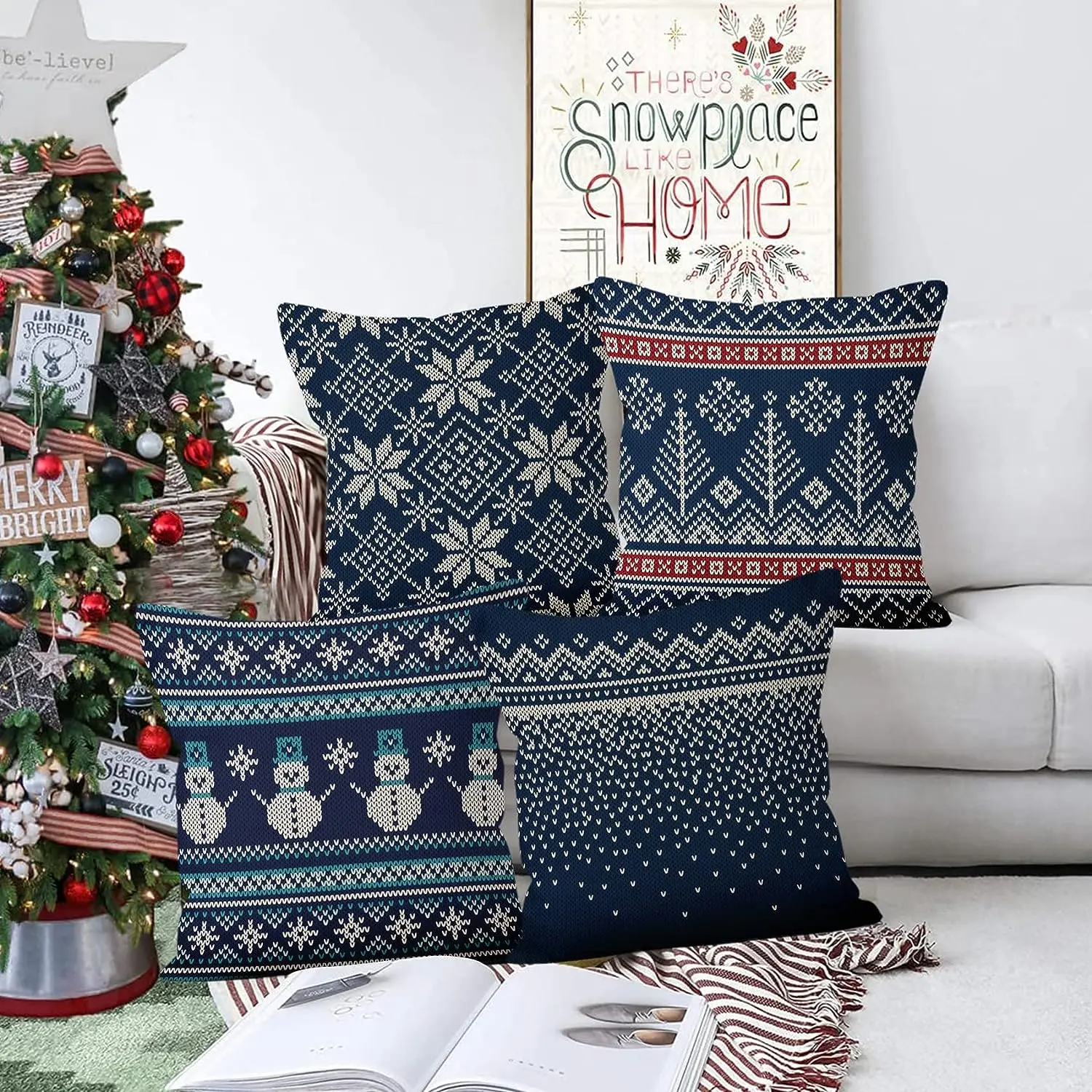 Winter Snowflake Pillowcase 45x45 Pillowcase Navy Blue Christmas Decorations Snowman Throw Pillowcase Cushion Outdoor Courtyard