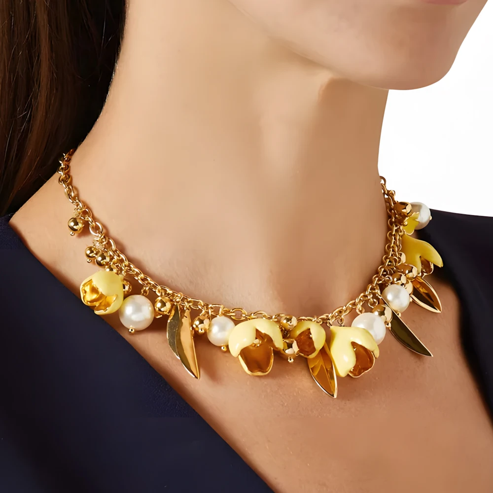

VKVVA Fashion Jewelry Gold-plated Enamel&Cubic Zirconia Pearl Charm Necklace or Bracelet 4 Color Optional for Girls Daily Gifts