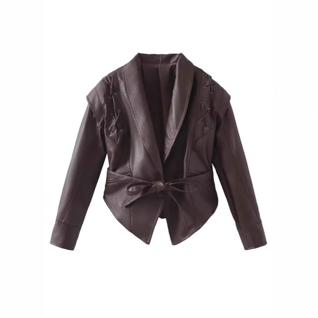 

Women's Retro Fruit Collar Single-Breasted Leather Jacket Spring Autumn Fashion Belted All-Match Outerwear