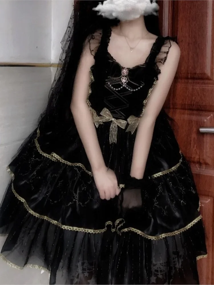 Hstar Summer Sweet Lolita Jsk Dress Women Elegant Lace Bow Ruffles Flowers Wedding Girly Love Poems Party Princess Slip Dress