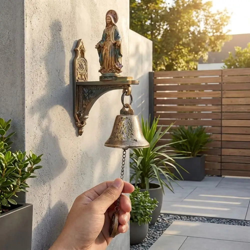 Religious Our Lady of Grace Wall Bell Antique Wall Mount Virgin Mary Statue Metal Bell Christian Medal Doorbell Home Decor