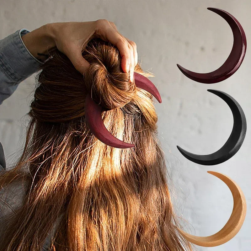 Solid Wood Moon Hair Sticks Hand Carved Wooden Crescent Hair Forks for Women Long Hairpin Comb Styling Fashion Hair Accessories