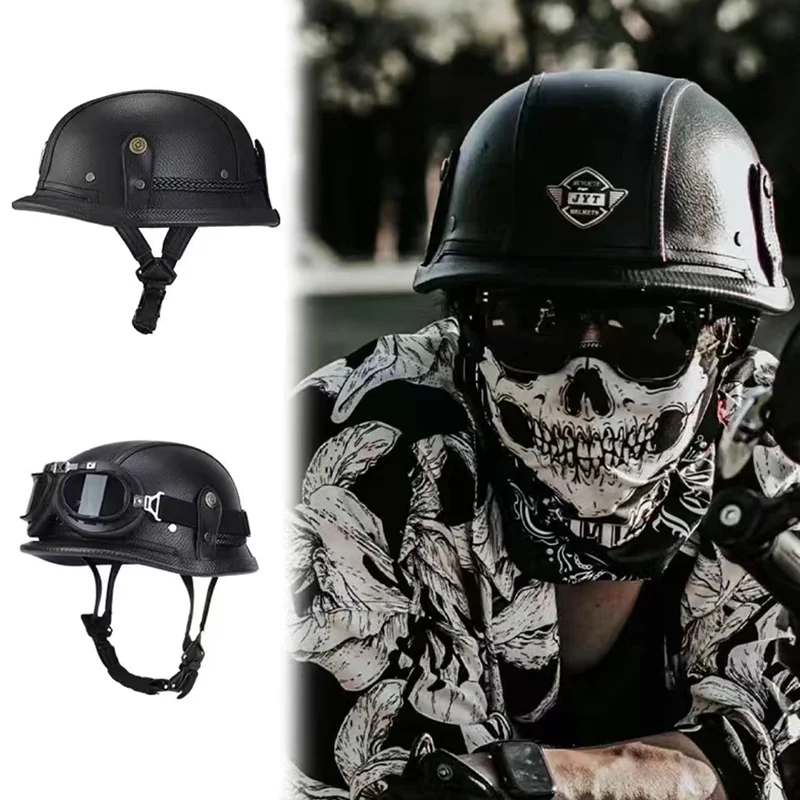 Hot Sale German Leather Style Motorcycle Helmet Motorbike Open Face Retro Half Helmet Cruise Chopper Biker Pilot DOT Approved