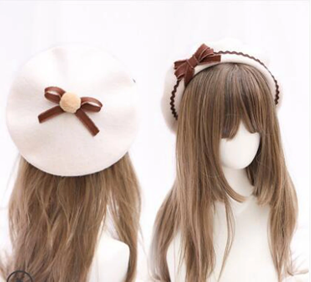 Niedliche Lolita-Baskenmütze für Damen, lässige Mode, koreanische Wolle, Schleife – Detail 3