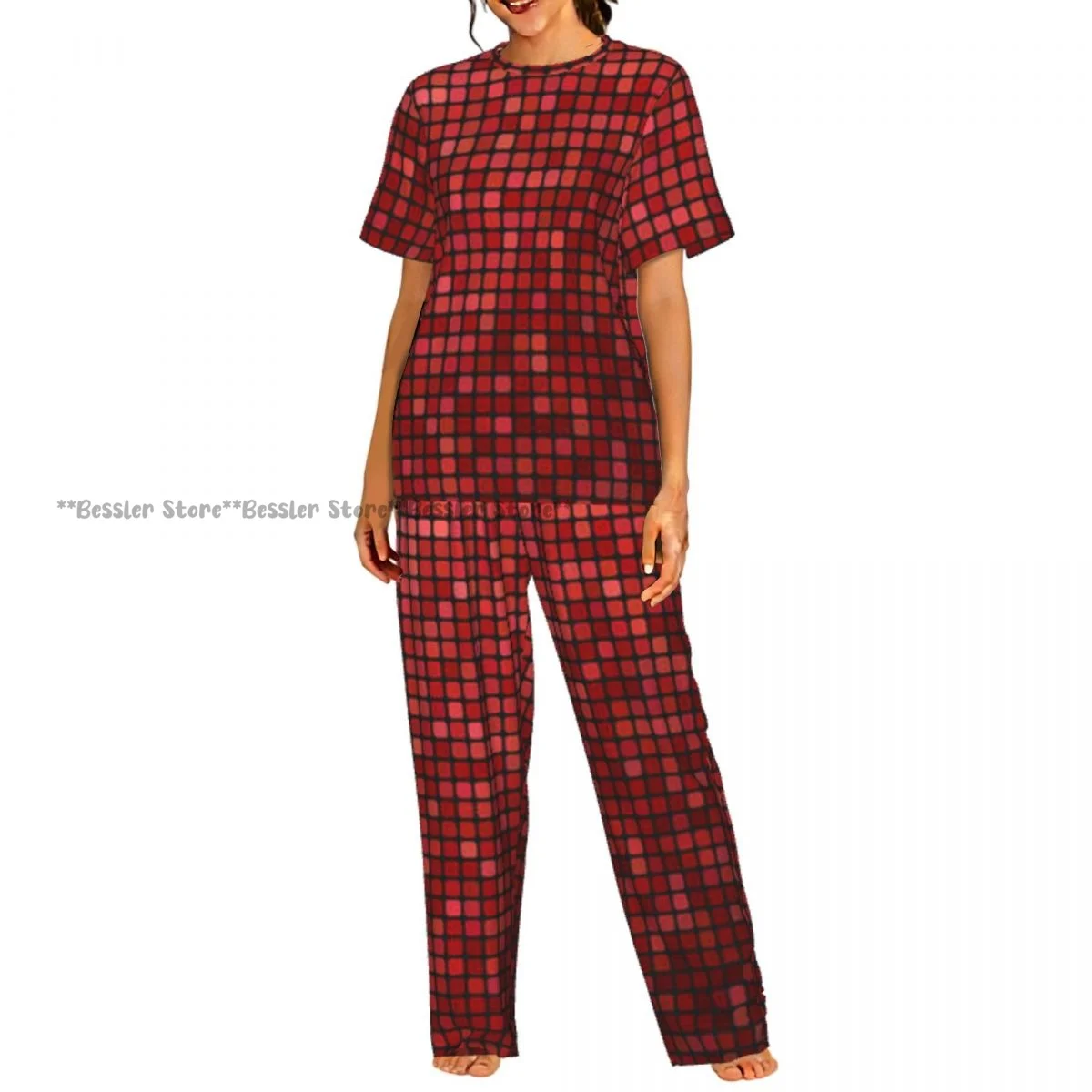 

Women's Abstract Grid Ombre Maroon Pixels Digital Technology Themed Tile short sleeve trousers casual pajamas set