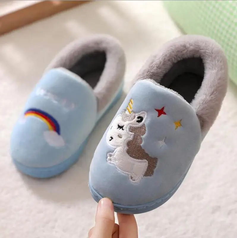 New Unicorn Kids Slippers For Toddler Boys Indoor Shoes Baby Girl Fur Slides Cotton Flip Flop Warm Winter House Children Slipper