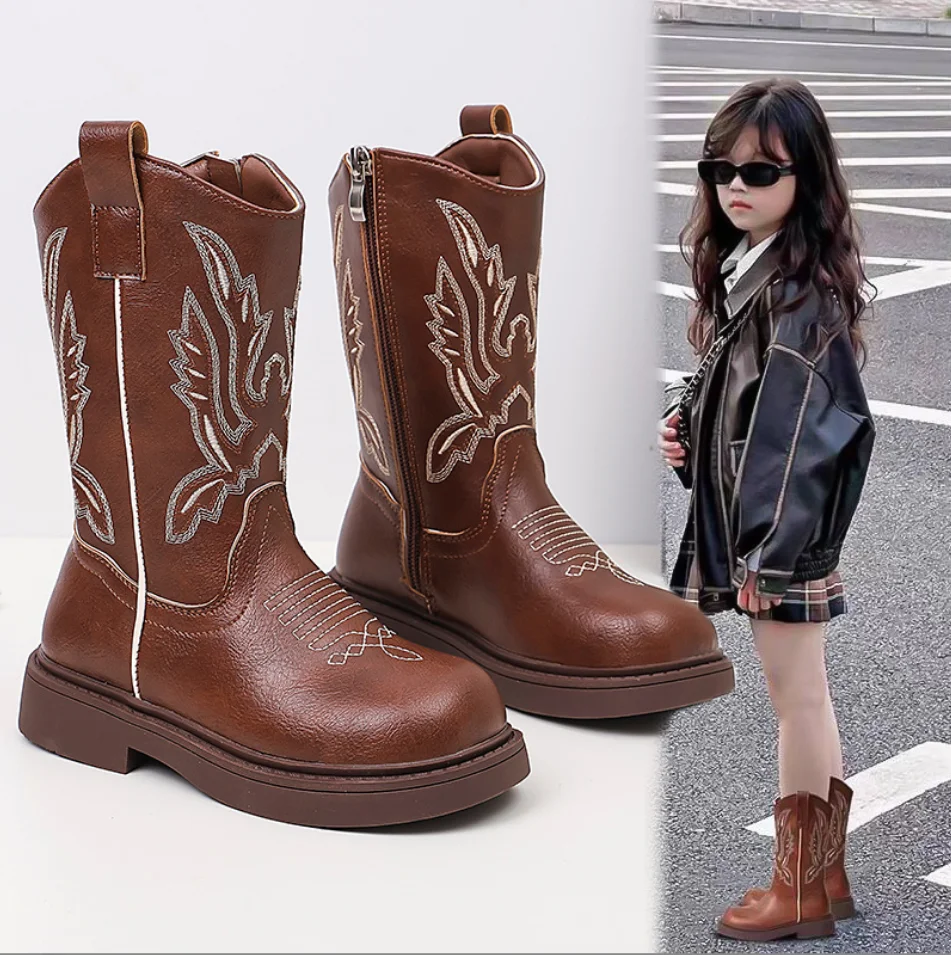 

Children Leather Boots Classic Cowboy Embroidery Girls Long Booties Kids Winter Round Toe Soft Snow Shoes Fashion Snow Boots