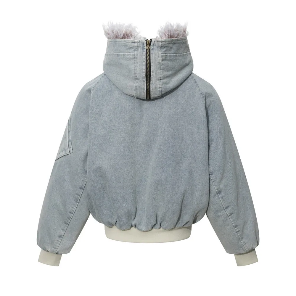 MWJLPWQ Men's Winter Denim Cotton Jacket Thickened Hooded Faux Fur Collar Trendy Washed Distressed Design Tops 2026 Chic 21355