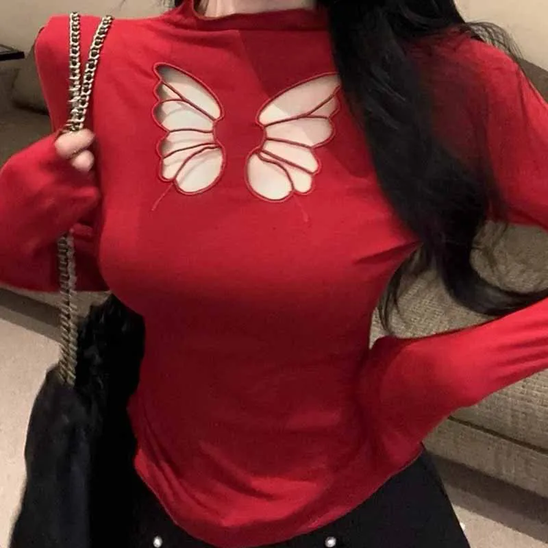 Women's Long Sleeve Fleece Lined T-Shirt Hollow out Half High Collar Slimming  Knot Warm Top Korean Style Straight Cut