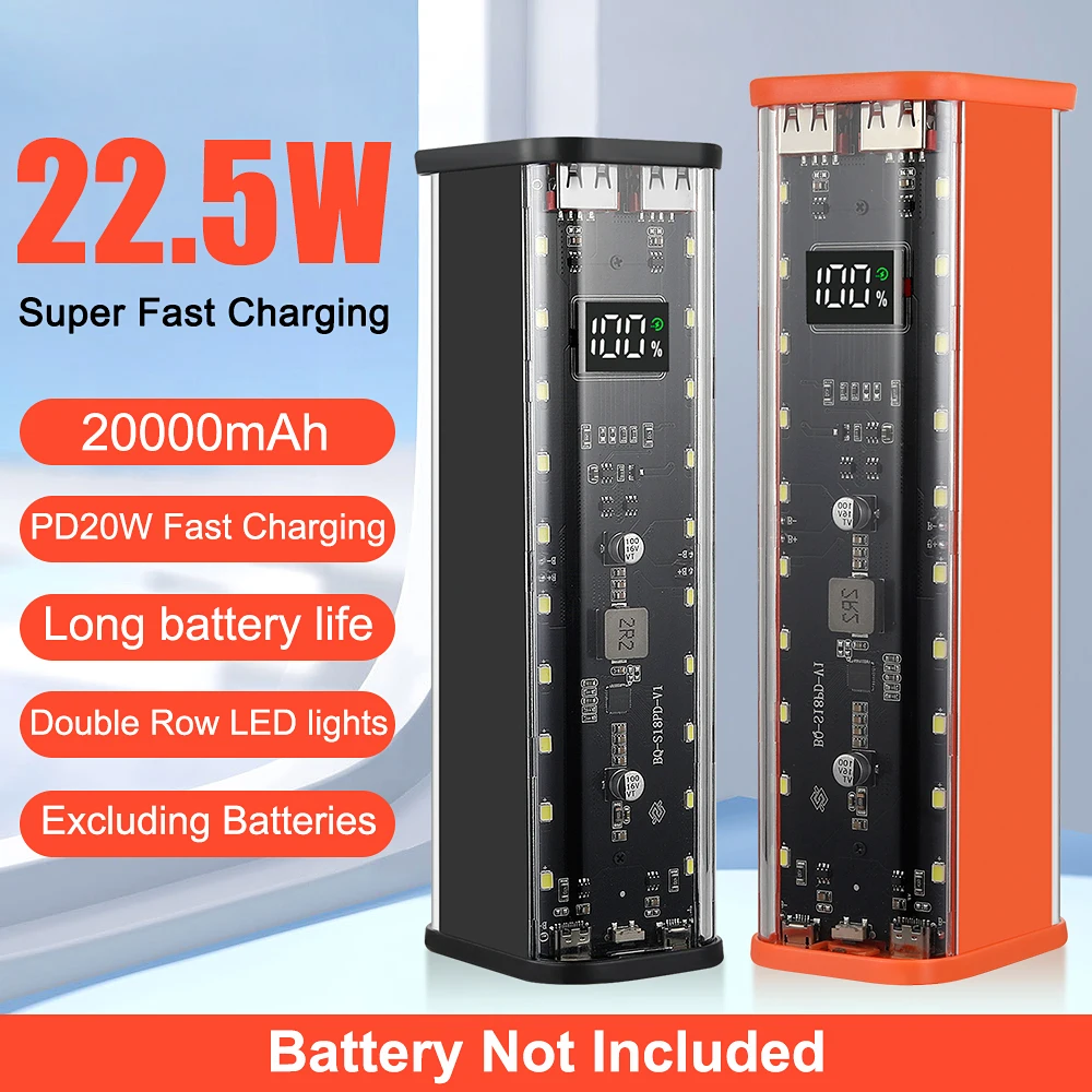 8*18650 DIY Power Bank Case 18650 PD22.5W Fast Charging LED Screen Transparent Battery Storage Box For Sumsung Huawei Xiaomi