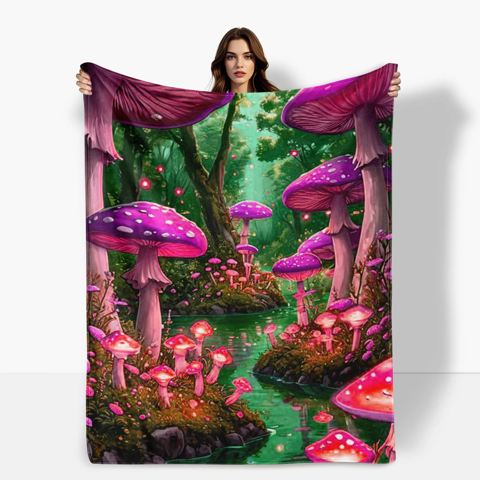 Manta con estampado de setas, magenta, verde y río, para decoración del hogar inspirada en la naturaleza, con acento esencial