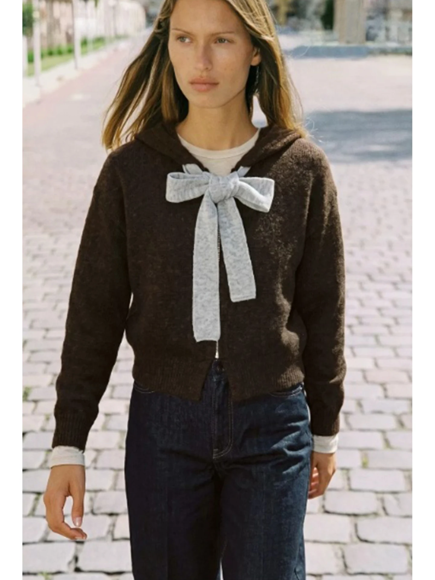 Fall New Arrival Women's Lazy Style Zipper Color Block  Knot Splice Hoodie Knitted Jacket Casual Simple Polyester Fiber