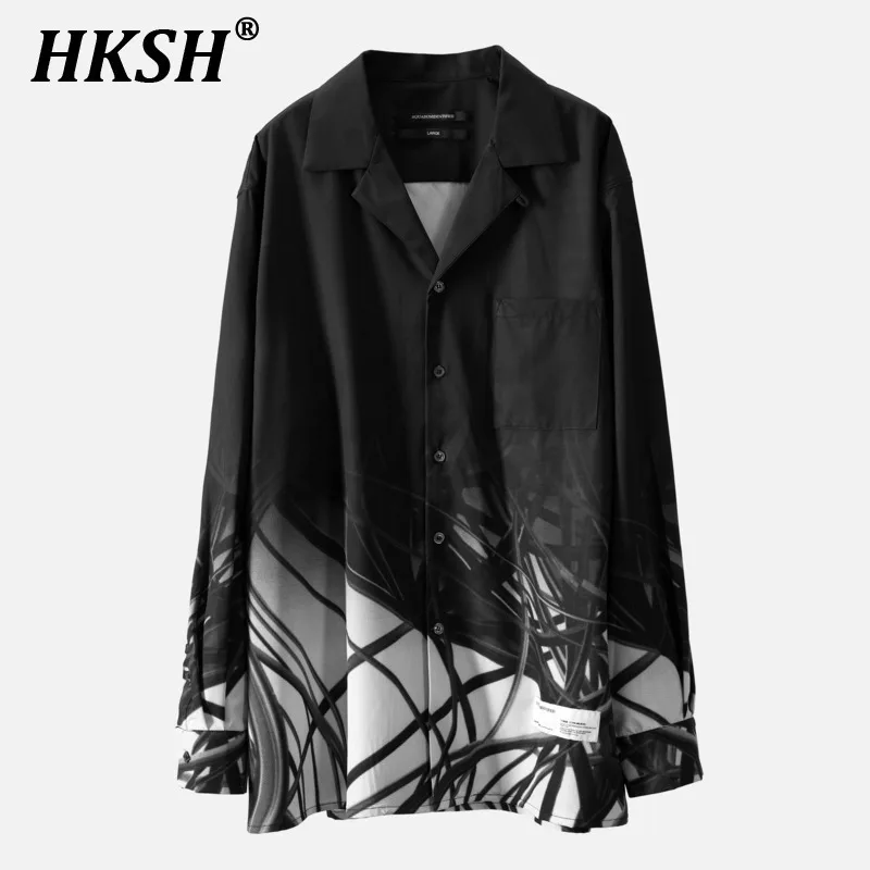 HKSH Spring Summer New Tide Men's Dark Shirts Abstract Line Gradient Shirt Loose Ironless Drop Down Long Sleeve Tops Chic HK2140