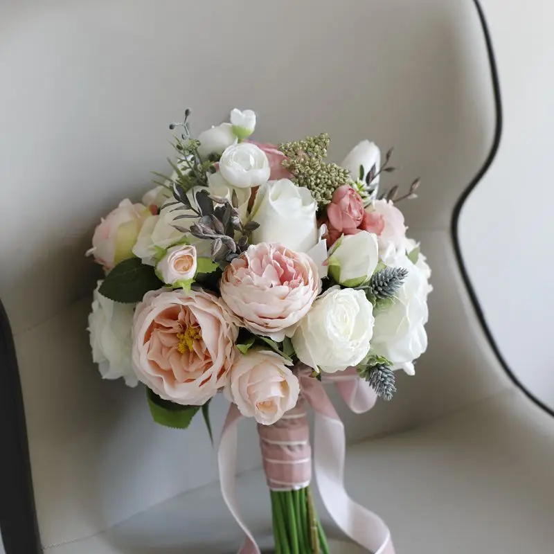 YeeNanee Wedding Bouquets for Bride White Blue Artificial Rose Flowers Bridal Bouquet Rustic Wedding Ceremony Anniversary Decor