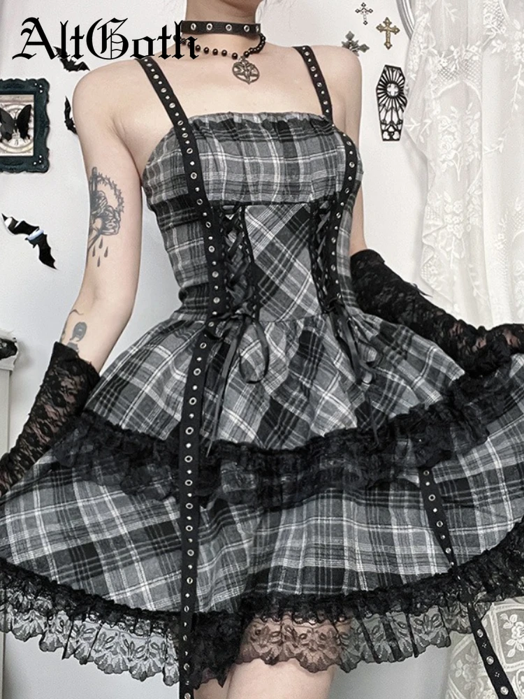 

AltGoth Mall Goth Harajuku Plaid Dress Women Dark Cyber Punk Y2k Streetwear Eyelet Lace Patchwork High Waist Cake Dress Female